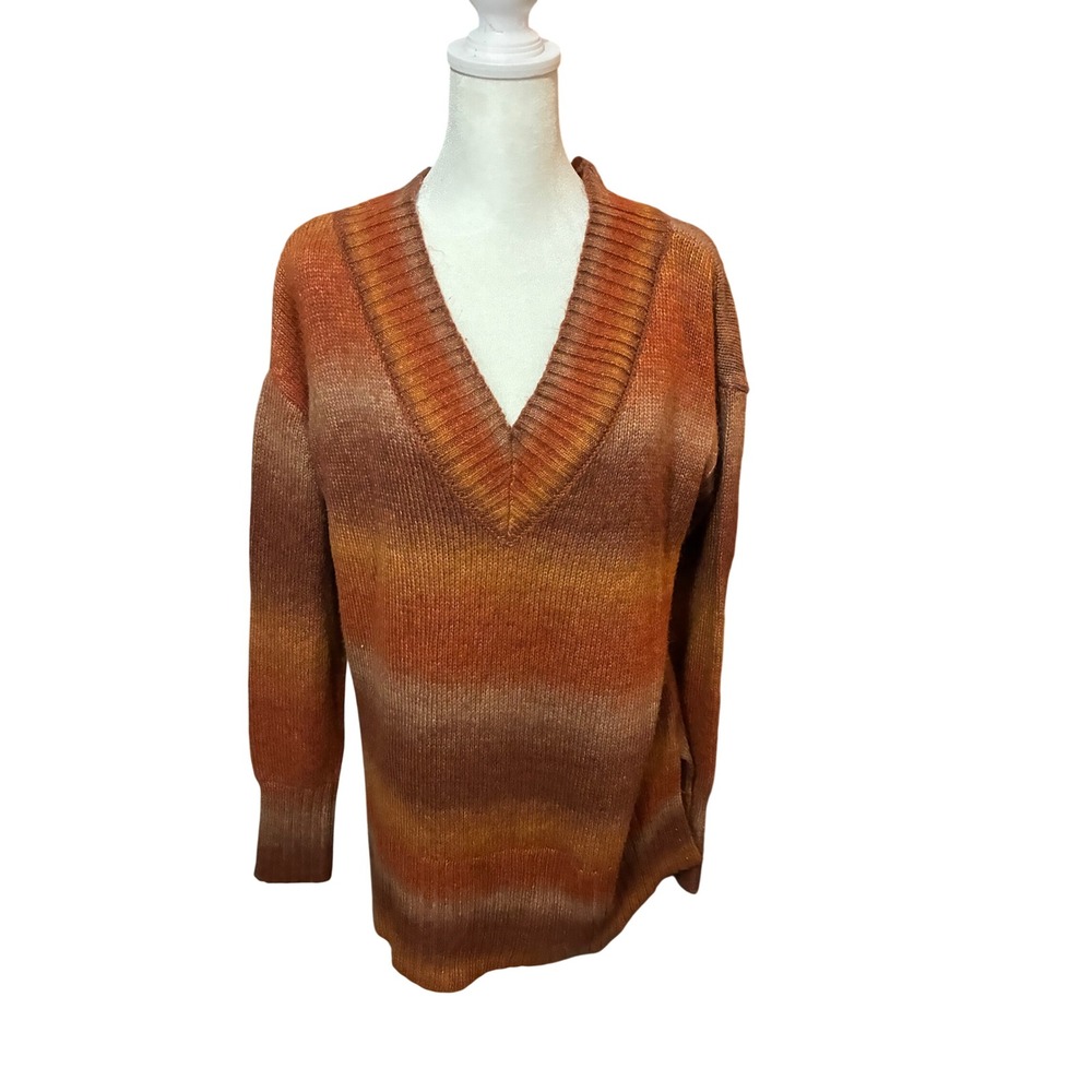 ana A New Approach Womens Large Orange Ombre V-Neck Tunic Sweater Side Slits